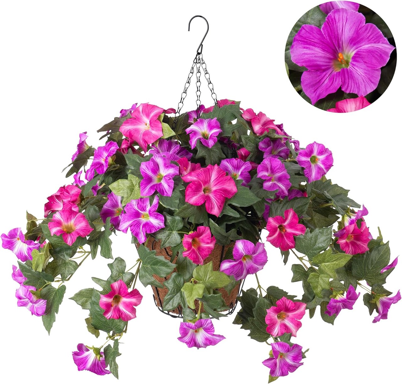Artificial Fall Flowers with Hanging Basket, UV Resistant Faux Petunias for Outdoor and Indoor Autumn Decor